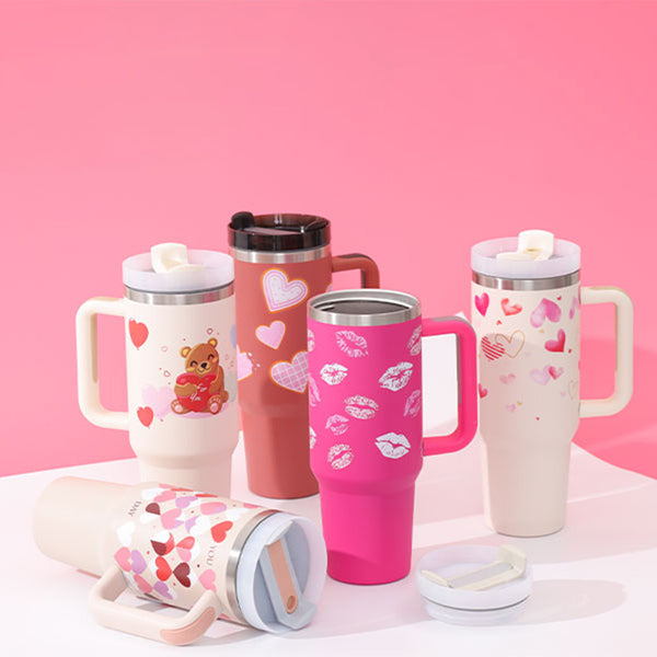 Tumbler With Handle Straw Insulated, Stainless Steel Spill Proof Vacuum Coffee Cup Tumbler With Lid Tapered Mug Gifts For Valentine Lover Suitable For Car Gym Office Travel